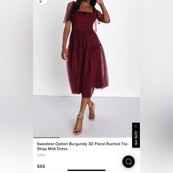 Lulus Dresses & Skirts - Lulus Sweetest Option Burgundy 3D Floral Ruched Tie-Strap Midi Dress